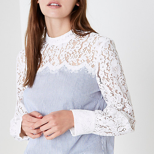 river island cream puffer coat,jacques-vertuk Online Kopen Blue stripe lace sleeve high neck top Blouses Tops women