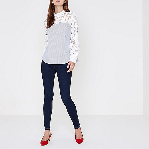 river island cream puffer coat,jacques-vertuk Online Kopen Blue stripe lace sleeve high neck top Blouses Tops women