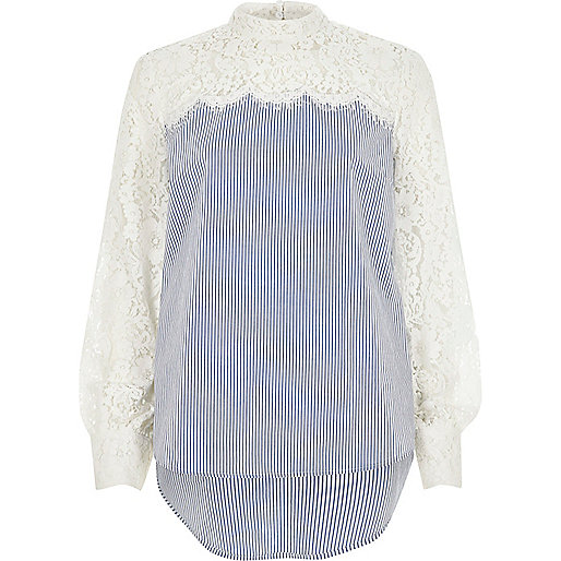 river island long boots,jacques-vertuk Outlet Blue stripe lace sleeve high neck top women 706266