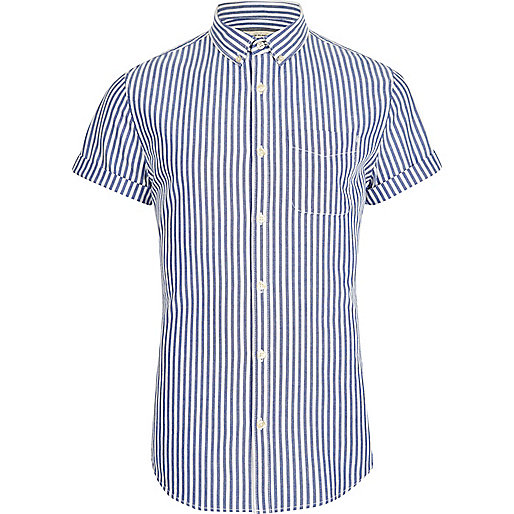 jacques-vertuk Blue stripe print slim fit Oxford shirt 301046 men Shirts Short Sleeve Shirts