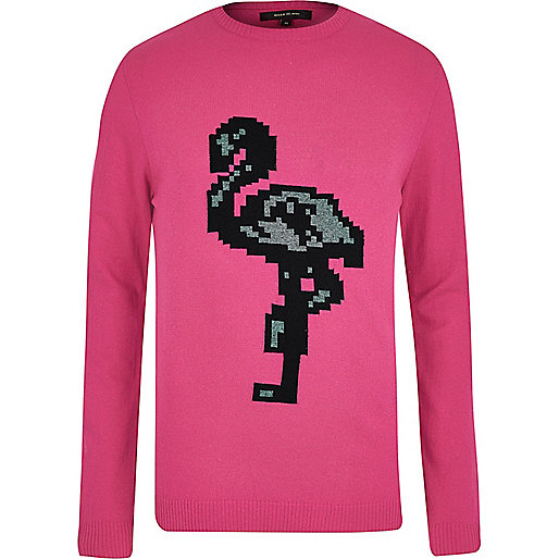 jacques-vertuk Bright pink flamingo print sweater 300229 men Jumpers / Cardigans