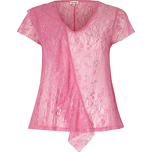 jacques-vertuk Bright pink lace front ruffle top 698799 women T-Shirts & Vests