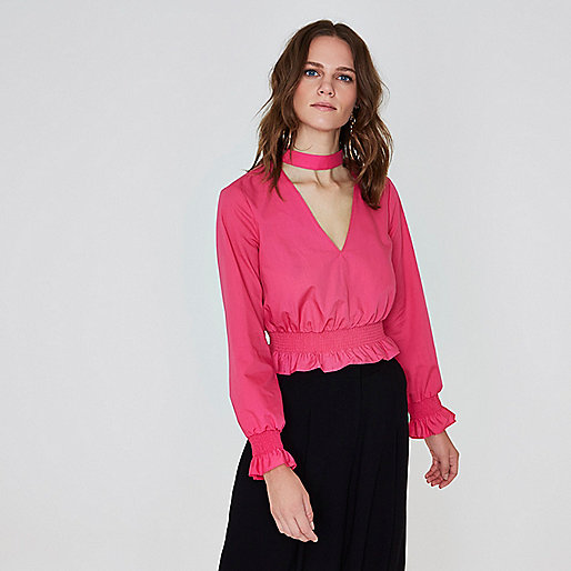 jacques-vertuk Bright pink shirred frill waist choker top 707064 women Tops Blouses