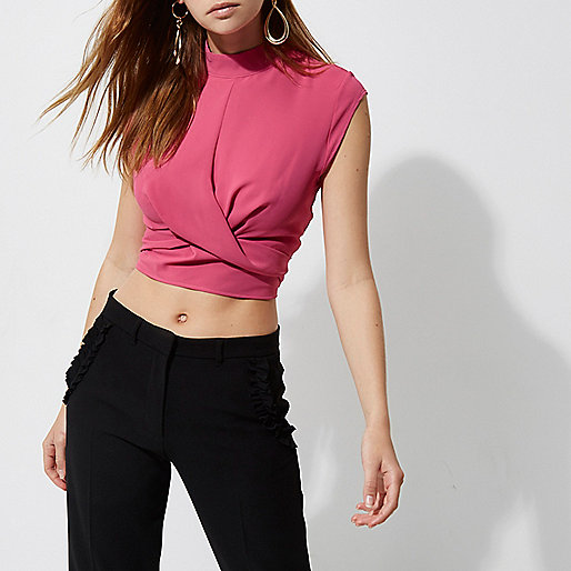 river island black shirt,jacques-vertuk UK Bright pink twist front high neck crop top women 706946