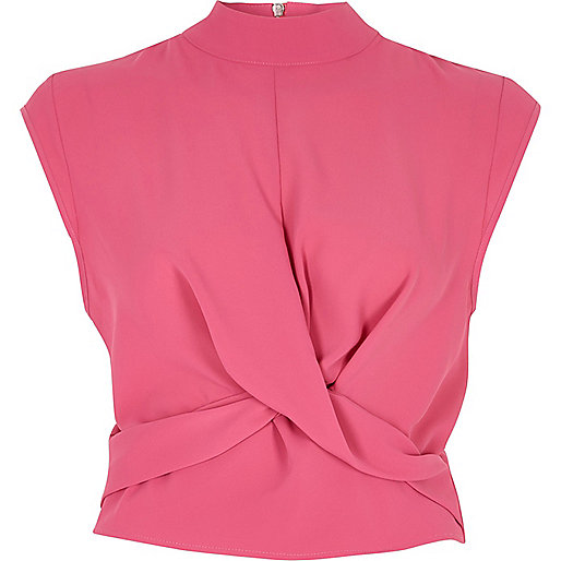 jacques-vertuk Bright pink twist front high neck crop top 706946 women Tops Crop Tops / Bralets