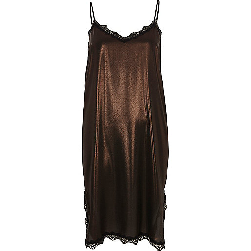 jacques-vertuk Bronze metallic lace trim midi slip dress 695583 women Seasonal Offers