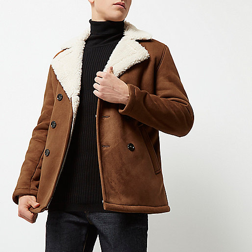 river island monogram shoulder bag,jacques-vertuk Usa Stores Brown double breasted fleece collar pea coat Jackets Coats / Jackets men