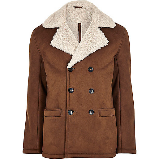 jacques-vertuk Brown double breasted fleece collar pea coat 297874 men Coats / Jackets Jackets