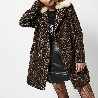 river island grey boucle bag,jacques-vertuk In Brown leopard print faux fur trim overcoat Coats / Jackets Sale women