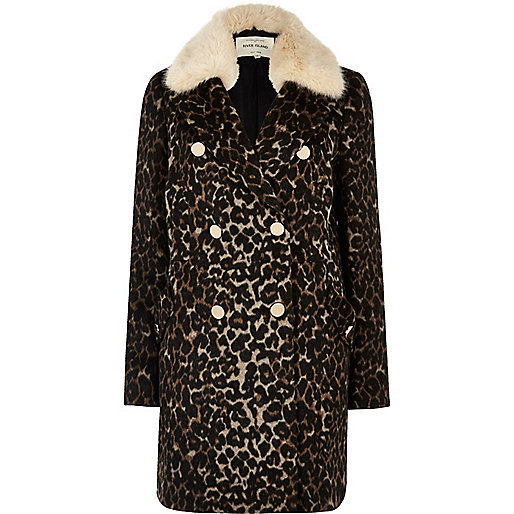 jacques-vertuk Brown leopard print faux fur trim overcoat 690055 women Coats / Jackets