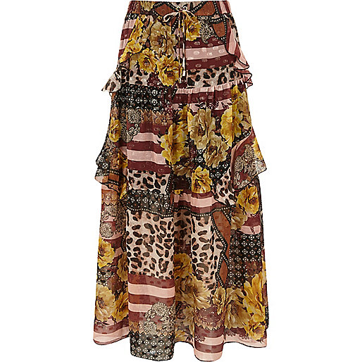 jacques-vertuk Brown mix print tiered frill maxi skirt 705167 women Skirts