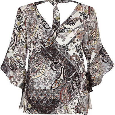 river island spray on jeans,jacques-vertuk South Africa Brown paisley ruffle sleeve tie back top women 701569