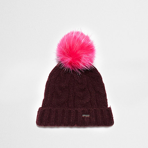 jacques-vertuk Burgundy cable knit pom pom beanie hat 706452 women Accessories Hats