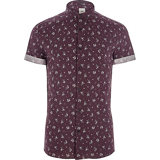 jacques-vertuk Burgundy ditsy floral print skinny fit shirt 304216 men Shirts Short Sleeve Shirts