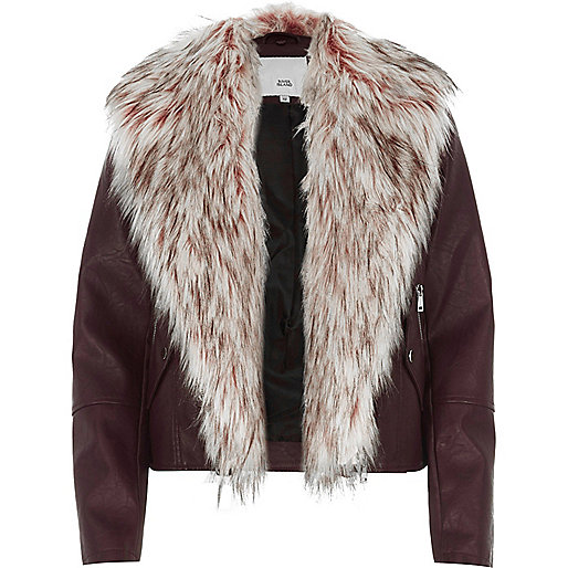 river island faux fur cuff coat,jacques-vertuk Womens Dressing Gowns Burgundy faux fur trim biker jacket Jackets Coats / Jackets women