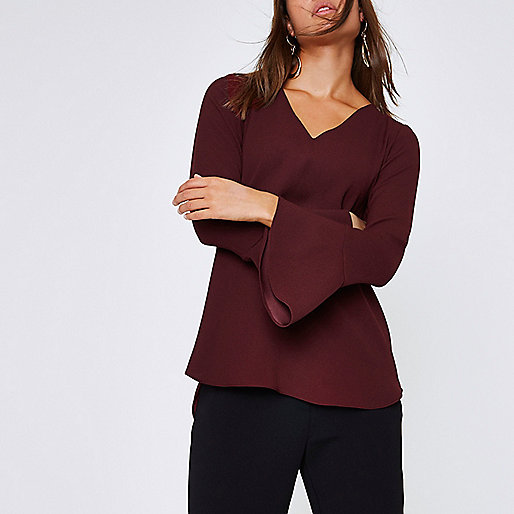 river island corset,jacques-vertuk Outlet Burgundy long bell sleeve frill back top women 710907