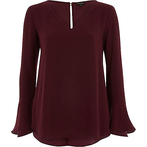 jacques-vertuk Burgundy long bell sleeve frill back top 710907 women Tops Blouses