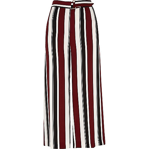 jacques-vertuk Burgundy stripe wide leg belted culottes 706818 women Trousers Wide Leg Trousers