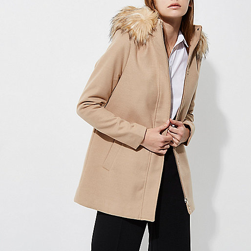 river island double zip faux leather biker jacket,One For All jacques-vertuk Camel faux fur hooded swing coat Coats Coats / Jackets women