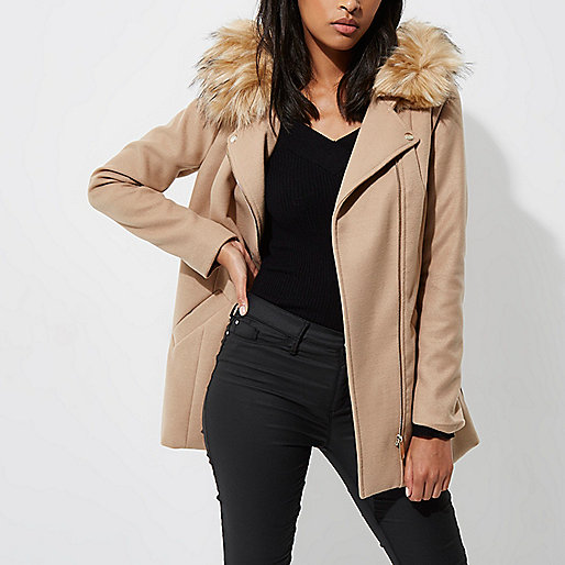 river island green loafers,New jacques-vertuk Camel faux fur trim hooded biker coat Coats Coats / Jackets women