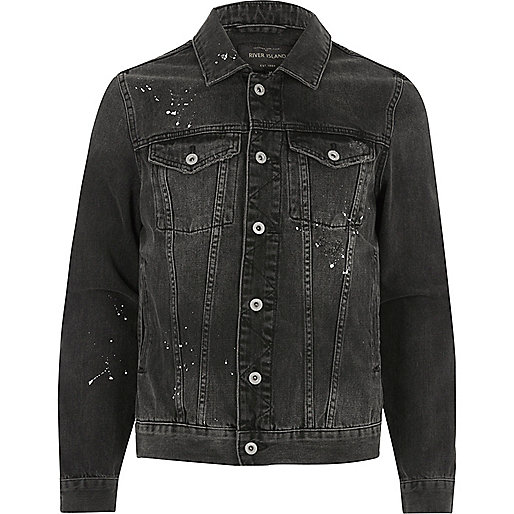 river island sale bags,jacques-vertuk Outlet Charcoal grey paint splatter denim jacket men 298341