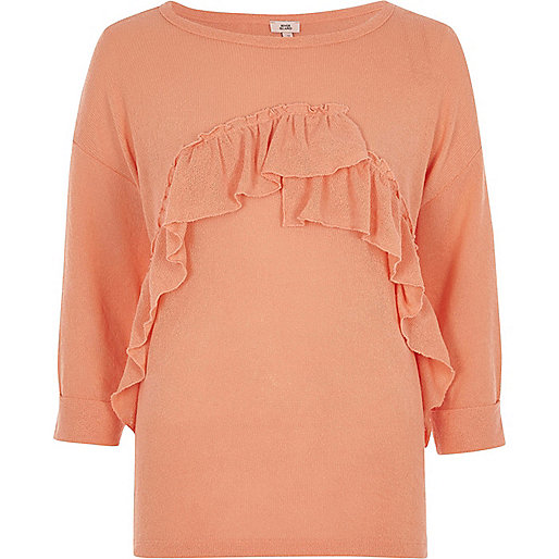 jacques-vertuk Coral orange frill front top 708168 women Tops T-Shirts & Vests Plain T-Shirts / Vests