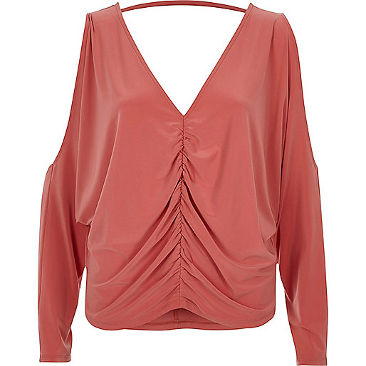 river island black belted coat,jacques-vertuk Online Coral ruched front cold shoulder batwing top women 702773