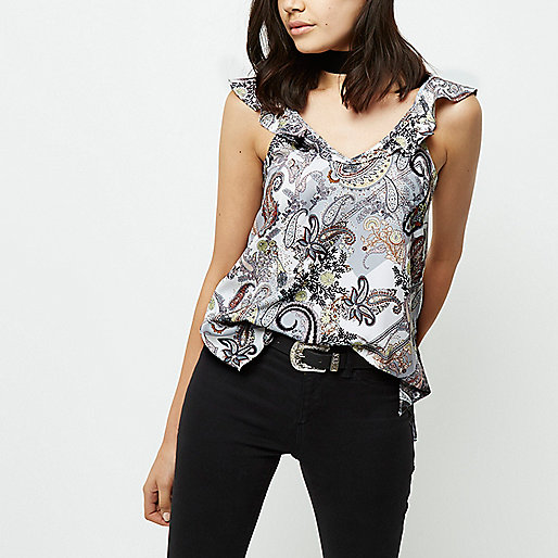 river island runner trainers,Who Sells jacques-vertuk Clothes Cream and grey paisley print frill top Tops Sale women