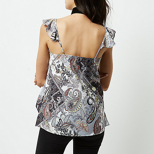 river island runner trainers,Who Sells jacques-vertuk Clothes Cream and grey paisley print frill top Tops Sale women