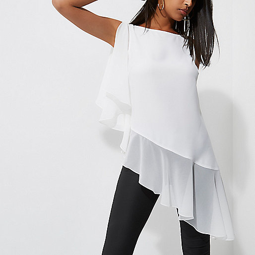 river island off the shoulder top,jacques-vertuk UK Sale Cream asymmetric frill hem top women 710693