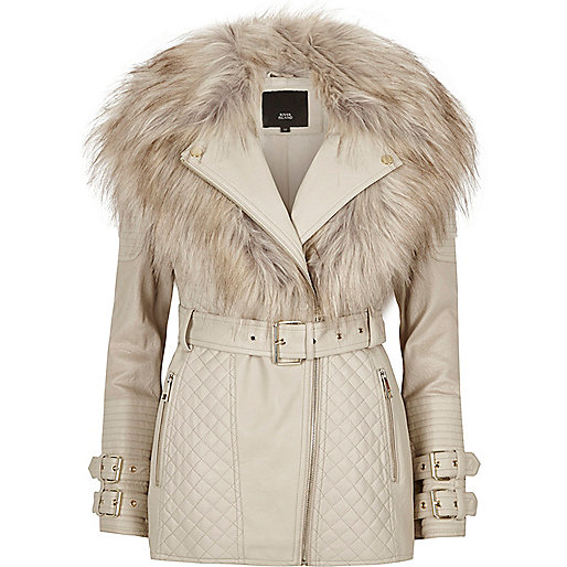 jacques-vertuk Cream belted faux fur collar biker jacket 702133 women Coats / Jackets Jackets