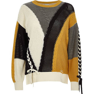 jacques-vertuk Cream color block ladder lace-up sweater 704878 women Knitwear Jumpers