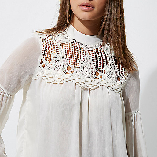 river island one for all,jacques-vertuk UK Cream cutwork bell sleeve blouse women 695940