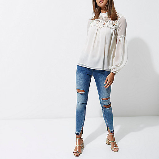 river island one for all,jacques-vertuk UK Cream cutwork bell sleeve blouse women 695940