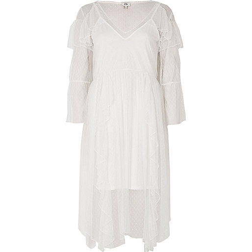 jacques-vertuk Cream dobby mesh frill bell sleeve midi dress 702232 women Festival