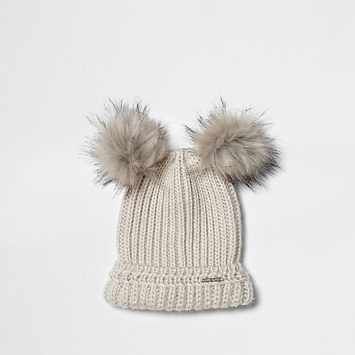 womens black river island bag,jacques-vertuk Ireland Online Shopping Cream double pom pom knit beanie hat Hats Accessories women