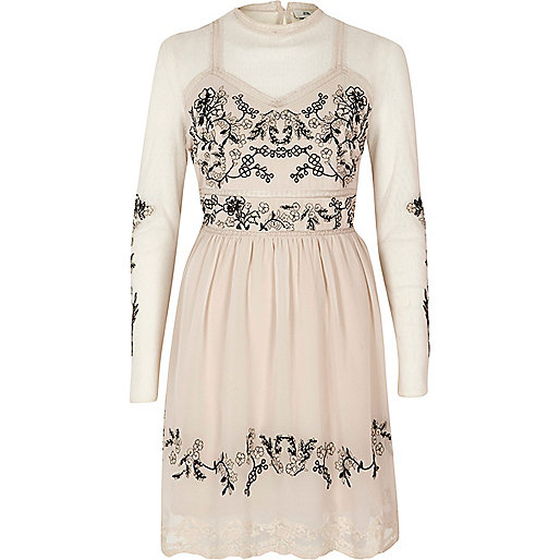 river island blue oversized coat,R?ver ?sland Cream embroidered dobby mesh high neck dress Swing Dresses Dresses women