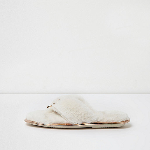 jacques-vertuk Cream faux fur bow front flip flop slippers 703360 women Nightwear & Slippers Slippers