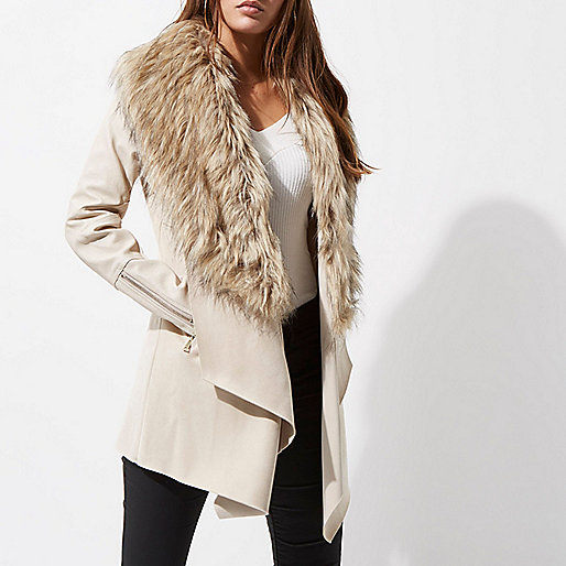 river island money purse,jacques-vertuk Outlet Cream faux fur trim fallaway coat women 702129