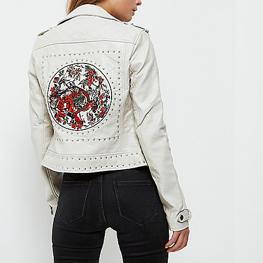 womens clothes sale river island,jacques-vertuk Online Cream faux leather studded biker jacket women 698721