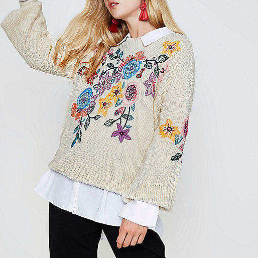 river island damen jeans,jacques-vertuk Online Uk Cream floral embroidered sweater Sweaters Knitwear women