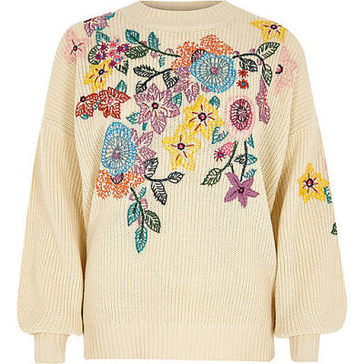 river island damen jeans,jacques-vertuk Online Uk Cream floral embroidered sweater Sweaters Knitwear women