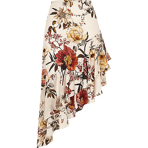 river island wallet price,jacques-vertuk Stores Cream floral print asymmetric frill hem skirt women 706842