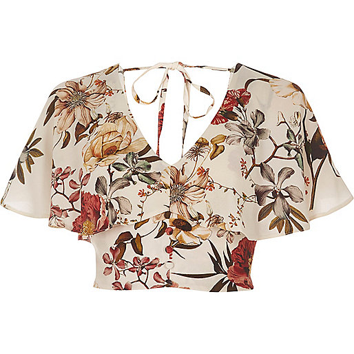 jacques-vertuk Cream floral print cape crop top 703219 women Tops Crop Tops / Bralets