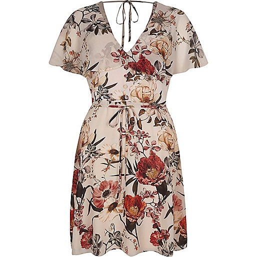 river island orange and pink dress,jacques-vertuk Outlet Cream floral print cape tea dress women 702144