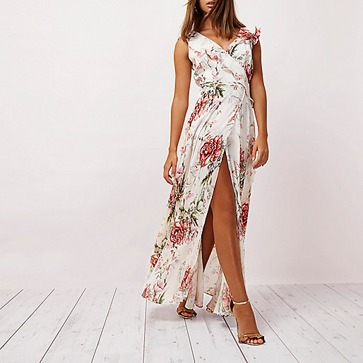 river island bardot dress black,Winter Clothes jacques-vertuk Cream floral print frill wrap maxi dress Maxi Dresses Dresses women