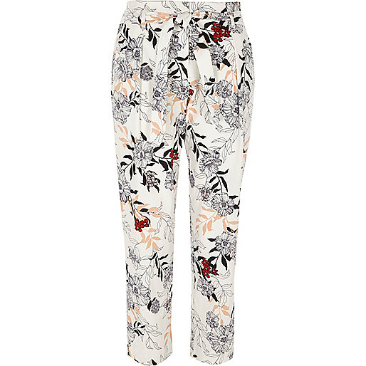 jacques-vertuk Cream floral print tie waist tapered pants 708637 women Trousers Tapered Trousers