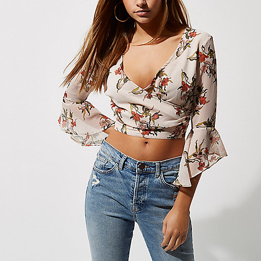 river island striped jumper,jacques-vertuk Ireland Cream floral print wrap frill sleeve crop top women 706900