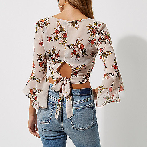 river island striped jumper,jacques-vertuk Ireland Cream floral print wrap frill sleeve crop top women 706900