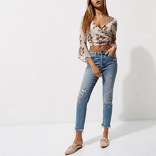 river island trench coat with writing,jacques-vertuk Brown Skirt Cream floral print wrap frill sleeve crop top Crop Tops / Bralets Tops women